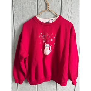 Vintage 90s Cat Embroidered Sweatshirt Size L Cottagecore